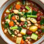 Minestrone soup italian - the image is a close-up of a bowl of soup. the soup appears to be a vegetable soup with white beans, carrots, celery, and other vegetables mixed in. the bowl is made of ceramic and has a brown rim. the broth is a rich orange color and there are small chunks of red beans scattered throughout the soup. there are also some green herbs sprinkled on top, adding a pop of color to the dish. the overall appearance of the soup is colorful and appetizing.