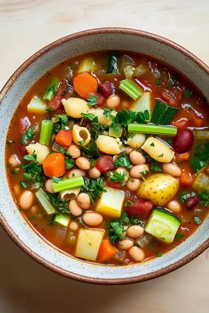 Minestrone soup italian - the image is a close-up of a bowl of soup. the soup appears to be a vegetable soup with white beans, carrots, celery, and other vegetables mixed in. the bowl is made of ceramic and has a brown rim. the broth is a rich orange color and there are small chunks of red beans scattered throughout the soup. there are also some green herbs sprinkled on top, adding a pop of color to the dish. the overall appearance of the soup is colorful and appetizing.