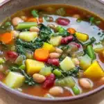 Minestrone soup no pasta - the image is a close-up of a bowl of soup. the soup appears to be a vegetable soup with various vegetables and beans mixed in. the bowl is made of ceramic and is sitting on a wooden table. the vegetables include carrots, white beans, yellow squash, red kidney beans, and green onions. there are also some leafy greens scattered throughout the soup, adding a pop of color to the dish. the broth is a light brown color and looks thick and creamy.