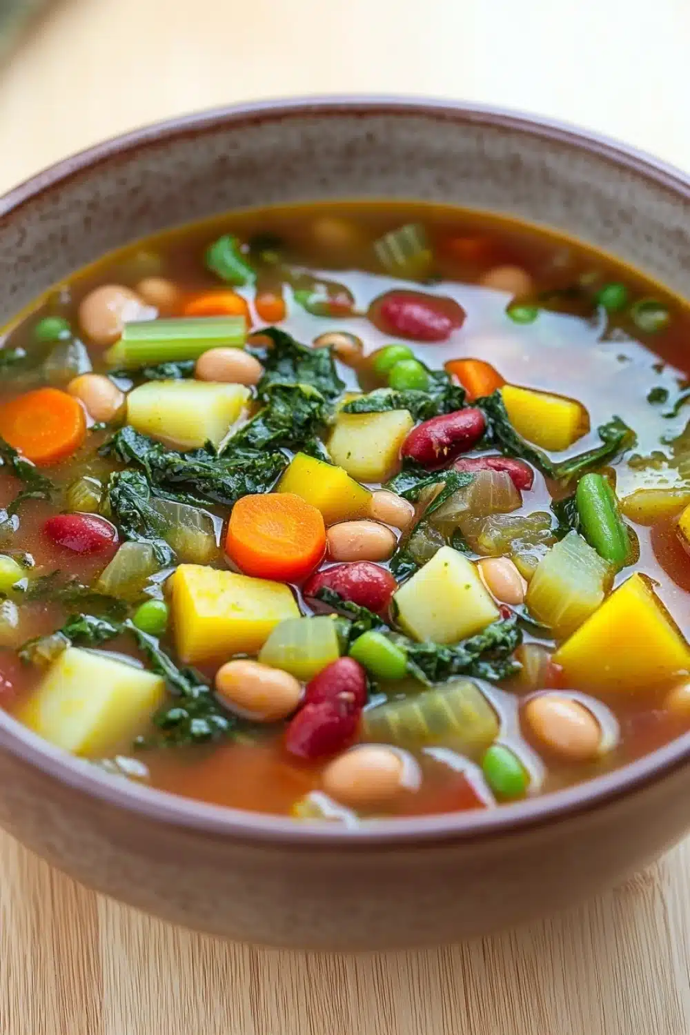 Minestrone soup no pasta - the image is a close-up of a bowl of soup. the soup appears to be a vegetable soup with various vegetables and beans mixed in. the bowl is made of ceramic and is sitting on a wooden table. the vegetables include carrots, white beans, yellow squash, red kidney beans, and green onions. there are also some leafy greens scattered throughout the soup, adding a pop of color to the dish. the broth is a light brown color and looks thick and creamy.