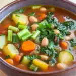 Minestrone soup no pasta - the image is a close-up of a bowl of soup. the soup appears to be a vegetable soup with chunks of white beans, carrots, zucchini, and green onions mixed in. the bowl is made of dark brown ceramic and is sitting on a wooden table. there are also some fresh herbs and spices scattered throughout the soup, including parsley and cilantro. the broth is a reddish-brown color and looks thick and creamy.