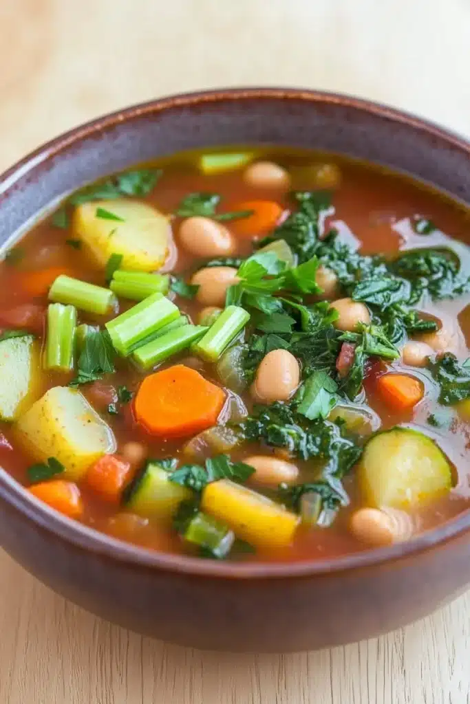 Minestrone soup no pasta - the image is a close-up of a bowl of soup. the soup appears to be a vegetable soup with chunks of white beans, carrots, zucchini, and green onions mixed in. the bowl is made of dark brown ceramic and is sitting on a wooden table. there are also some fresh herbs and spices scattered throughout the soup, including parsley and cilantro. the broth is a reddish-brown color and looks thick and creamy.