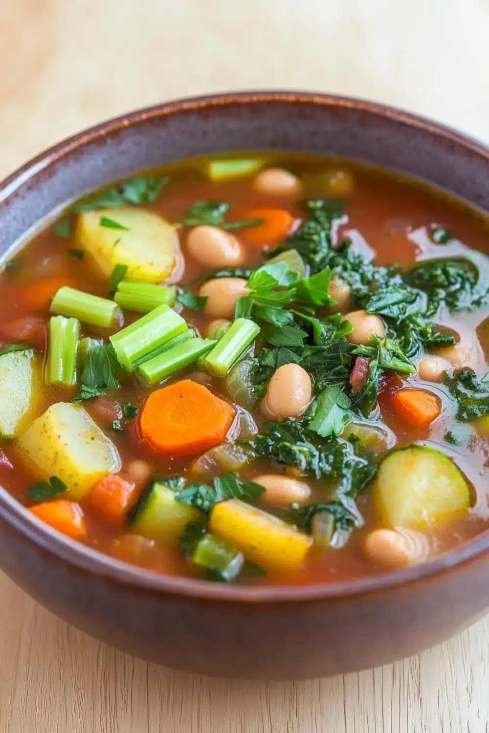 Minestrone soup no pasta - the image is a close-up of a bowl of soup. the soup appears to be a vegetable soup with chunks of white beans, carrots, zucchini, and green onions mixed in. the bowl is made of dark brown ceramic and is sitting on a wooden table. there are also some fresh herbs and spices scattered throughout the soup, including parsley and cilantro. the broth is a reddish-brown color and looks thick and creamy.