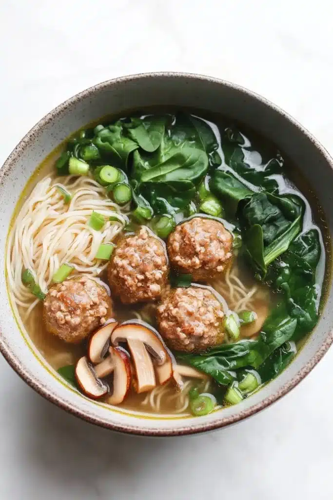 Molly yeh slow cooker asian wedding soup - the image is a close-up of a bowl of noodles and meatballs. the bowl is made of ceramic and has a light brown color. the noodles are white and appear to be thin and fluffy. the meatballs are brown and are arranged in a circular pattern on top of the noodles. there are also some sliced mushrooms and green onions scattered throughout the dish. the dish is garnished with fresh spinach leaves. the broth is a dark brown color and appears to be thick and creamy. the background is a white marble countertop.