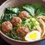 Molly yeh slow cooker asian wedding soup - the image shows a bowl of soup with meatballs and noodles. the soup is a light brown color and appears to be thick and creamy. the meatballs are covered in sesame seeds and are arranged in a circular pattern. the noodles are thin and yellow, and there is a hard-boiled egg on top of the noodles. there are also some green vegetables, such as spinach leaves, scattered throughout the soup. in the background, there is another bowl of spinach leaves. the bowl is sitting on a dark blue countertop.