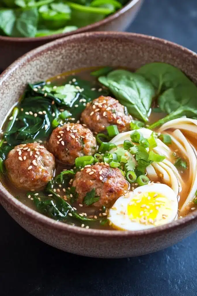 Molly yeh slow cooker asian wedding soup - the image shows a bowl of soup with meatballs and noodles. the soup is a light brown color and appears to be thick and creamy. the meatballs are covered in sesame seeds and are arranged in a circular pattern. the noodles are thin and yellow, and there is a hard-boiled egg on top of the noodles. there are also some green vegetables, such as spinach leaves, scattered throughout the soup. in the background, there is another bowl of spinach leaves. the bowl is sitting on a dark blue countertop.