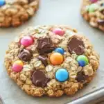 Monster cookie chewy - the image shows a close-up of a freshly baked cookie on a baking tray. the cookie is round and golden brown in color, with a crumbly texture. it is decorated with colorful m&m's in shades of pink, blue, green, yellow, and orange. there are also chunks of chocolate scattered throughout the cookie. the tray is lined with parchment paper, and there are other cookies visible in the background.