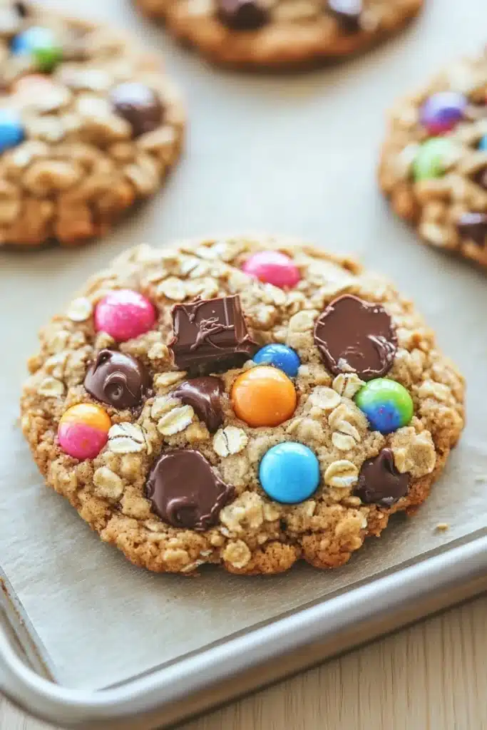 Monster cookie chewy - the image shows a close-up of a freshly baked cookie on a baking tray. the cookie is round and golden brown in color, with a crumbly texture. it is decorated with colorful m&m's in shades of pink, blue, green, yellow, and orange. there are also chunks of chocolate scattered throughout the cookie. the tray is lined with parchment paper, and there are other cookies visible in the background.