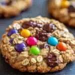 Monster cookie chewy - the image shows a close-up of a freshly baked oatmeal cookie on a black plate. the cookie is golden brown and has a crumbly texture. it is decorated with colorful m&m's in shades of red, orange, yellow, green, blue, and purple. there are also chunks of chocolate scattered throughout the cookie. in the background, there are more cookies that are slightly blurred. the overall mood of the image is festive and appetizing.