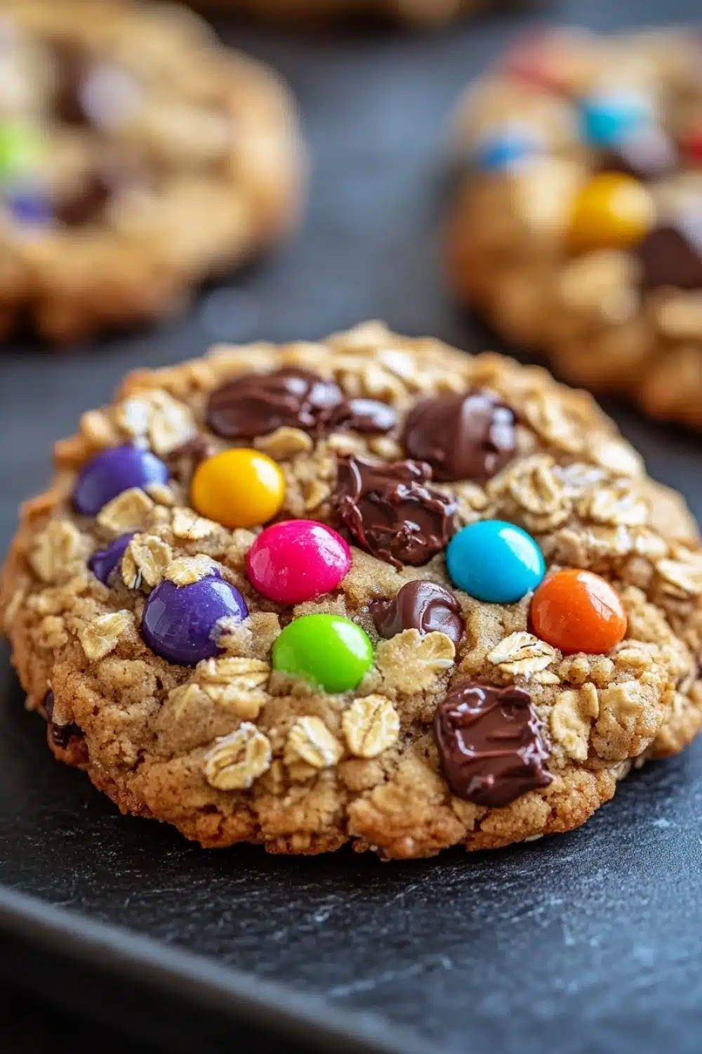 Monster cookie chewy - the image shows a close-up of a freshly baked oatmeal cookie on a black plate. the cookie is golden brown and has a crumbly texture. it is decorated with colorful m&m's in shades of red, orange, yellow, green, blue, and purple. there are also chunks of chocolate scattered throughout the cookie. in the background, there are more cookies that are slightly blurred. the overall mood of the image is festive and appetizing.