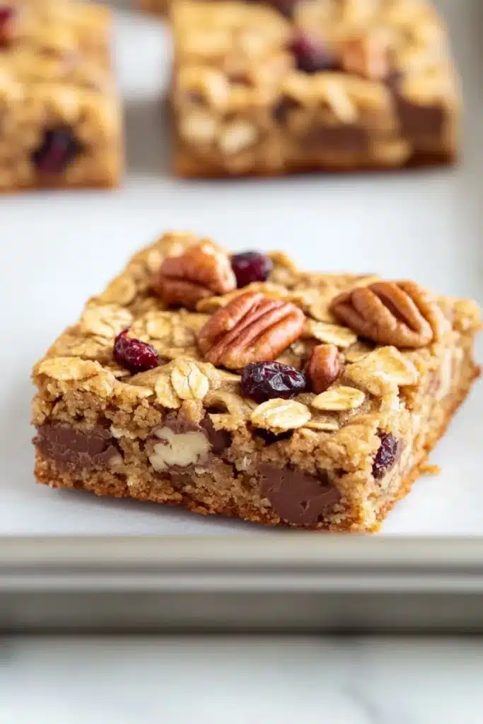 Monster oat cookie bar - the image shows a close-up of a square-shaped granola bar on a white baking tray. the bar is made with oats, nuts, and dried cranberries, and is topped with chocolate chips and pecans. the bars appear to be freshly baked and are arranged in a neat and orderly manner. the background is blurred, but it appears to be a kitchen countertop.