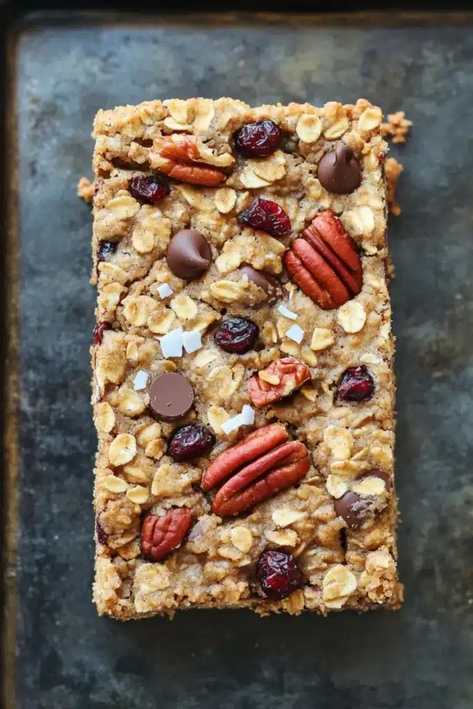 Monster oat cookie bar - the image shows a rectangular bar of granola on a baking tray. the granola appears to be made with oats, nuts, and dried cherries. there are also chunks of chocolate and pecans scattered throughout the granola. the bars are golden brown and look freshly baked. the tray is lined with parchment paper, and the background is dark.