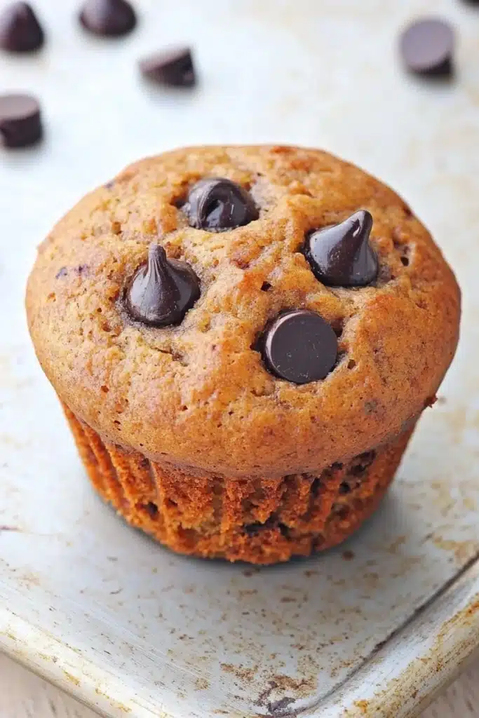 Muffin dolci allo yogurt e cioccolato - the image is of a freshly baked muffin on a white plate. the muffin is golden brown in color and has a crumbly texture. it is topped with chocolate chips, which are arranged in a circular pattern around the edges of the muffin. the plate is sitting on a wooden surface with a few scattered chocolate chips around it. the background is blurred, but it appears to be a kitchen countertop.