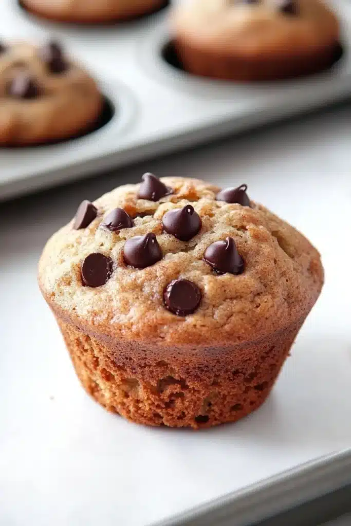 Muffin dolci allo yogurt e cioccolato - the image shows a freshly baked muffin in a muffin tin. the muffin is golden brown in color and has a crumbly texture. it is topped with chocolate chips, which are scattered across the top of the muffin. in the background, there are more muffins in the muffins, but they are slightly blurred. the tray is white and appears to be made of metal.