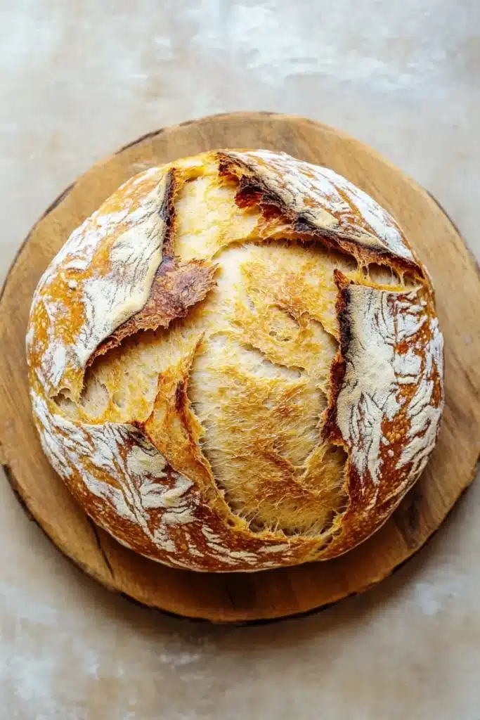 No knead bread dutch oven 2 hour - the image is a close-up of a freshly baked loaf of bread on a wooden cutting board. the bread appears to be freshly baked, with a golden-brown crust and a soft, fluffy interior. the edges of the bread are slightly frayed, indicating that it has been freshly baked. the cutting board is placed on a beige-colored surface, possibly a table or countertop. the background is blurred, making the bread the focal point of the image.