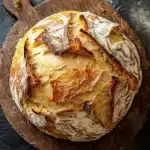 No knead bread dutch oven 2 hour - the image shows a round loaf of bread on a wooden cutting board. the bread appears to be freshly baked and has a golden brown crust on top. the inside of the bread is covered in a layer of melted cheese and herbs, giving it a savory flavor. the cutting board is placed on a dark textured surface, possibly a table or countertop. the overall mood of the image is rustic and cozy.