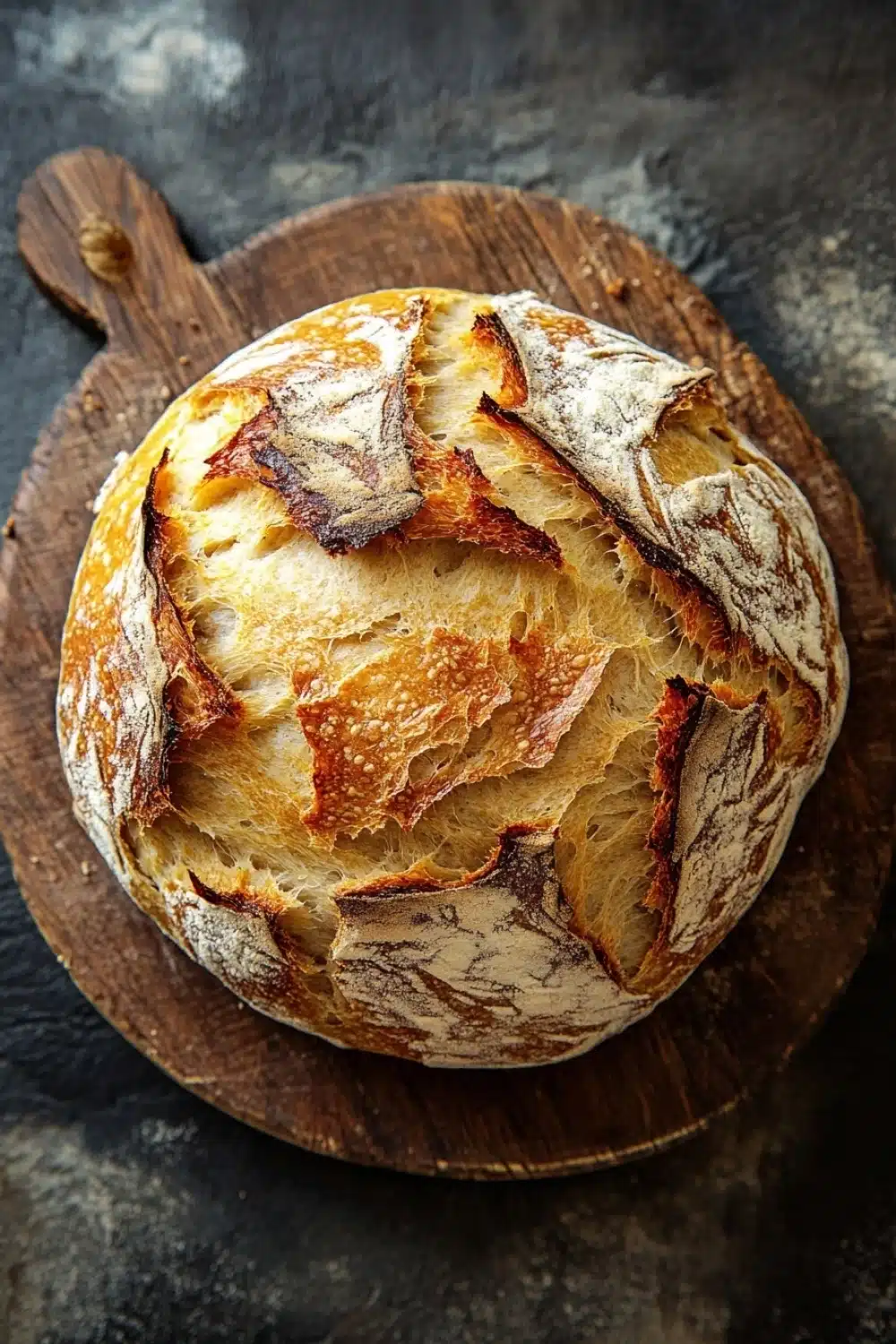 No knead bread dutch oven 2 hour - the image shows a round loaf of bread on a wooden cutting board. the bread appears to be freshly baked and has a golden brown crust on top. the inside of the bread is covered in a layer of melted cheese and herbs, giving it a savory flavor. the cutting board is placed on a dark textured surface, possibly a table or countertop. the overall mood of the image is rustic and cozy.