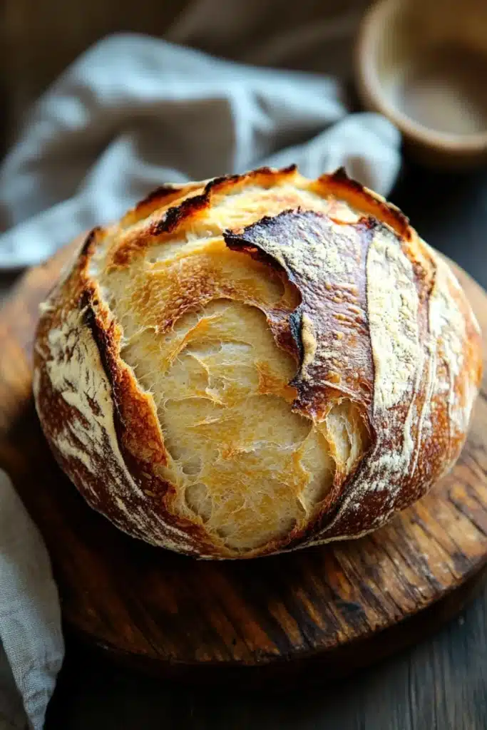 No knead bread dutch oven rise - the image shows a freshly baked loaf of bread on a wooden cutting board. the bread is golden brown in color and has a criss-cross pattern on the top. it appears to be freshly baked and is sitting on a white cloth napkin. in the background, there is a small bowl of sauce and a wooden table. the overall mood of the image is rustic and cozy.