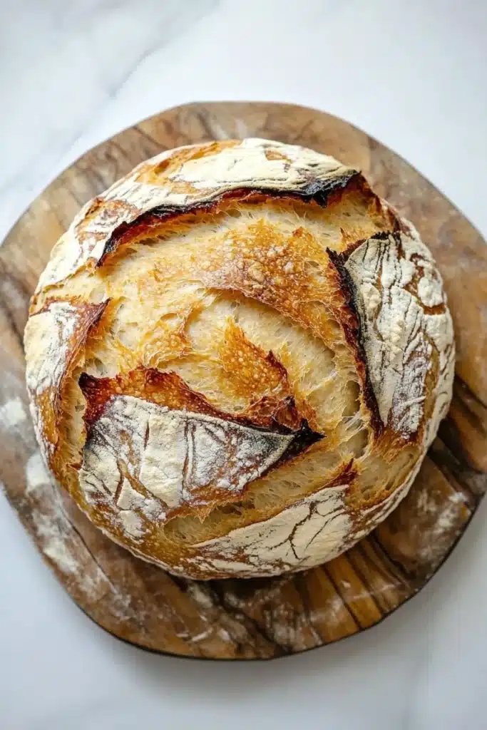 No knead bread dutch oven rise - the image shows a round loaf of bread on a wooden cutting board. the bread appears to be freshly baked and has a golden brown crust on top. the inside of the bread is visible, with a criss-cross pattern of brown and white swirls. the edges of the crust are slightly frayed, indicating that the bread has been freshly baked. the cutting board is placed on a white marble countertop.