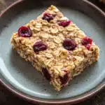 Oatmeal breakfast bars freezer - the image shows a slice of granola bar on a blue plate. the granola is golden brown and has a crumbly texture. it is topped with sliced cherries and nuts, giving it a crunchy appearance. the plate is sitting on a wooden table with a blurred background.