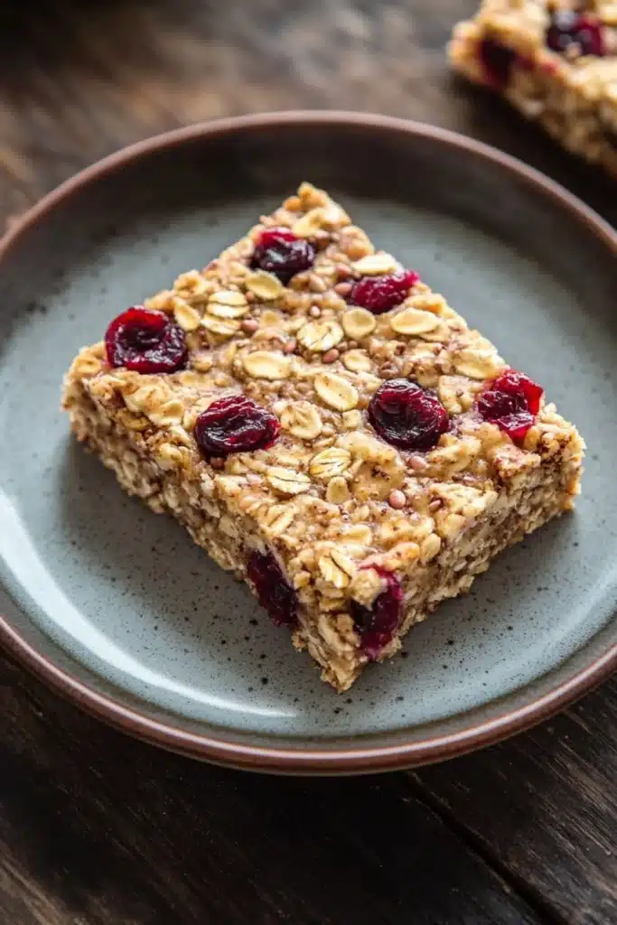 Oatmeal breakfast bars freezer - the image shows a slice of granola bar on a blue plate. the granola is golden brown and has a crumbly texture. it is topped with sliced cherries and nuts, giving it a crunchy appearance. the plate is sitting on a wooden table with a blurred background.
