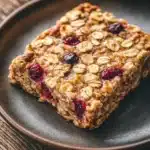 Oatmeal breakfast bars freezer - the image shows a square-shaped granola bar on a dark brown plate. the granola is golden brown and appears to be freshly baked. it is topped with sliced cranberries and nuts, giving it a crunchy texture. the plate is sitting on a wooden table, and the background is blurred, making the granola the focal point of the image.