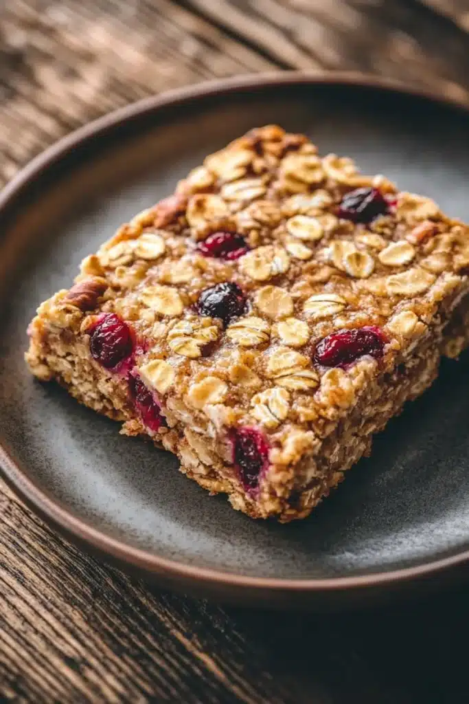 Oatmeal breakfast bars freezer - the image shows a square-shaped granola bar on a dark brown plate. the granola is golden brown and appears to be freshly baked. it is topped with sliced cranberries and nuts, giving it a crunchy texture. the plate is sitting on a wooden table, and the background is blurred, making the granola the focal point of the image.