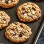 Oatmeal cookie lactation - the image shows six freshly baked oatmeal cookies on a baking tray. the cookies are round and golden brown in color, with chunks of chocolate and walnuts scattered throughout. they are arranged in a single layer on the tray, with some overlapping each other. the tray is lined with parchment paper, and the cookies appear to be freshly baked. the background is a dark grey countertop.