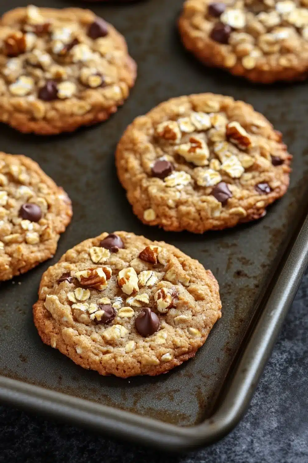 Oatmeal cookie lactation - the image shows six freshly baked oatmeal cookies on a baking tray. the cookies are round and golden brown in color, with chunks of chocolate and walnuts scattered throughout. they are arranged in a single layer on the tray, with some overlapping each other. the tray is lined with parchment paper, and the cookies appear to be freshly baked. the background is a dark grey countertop.