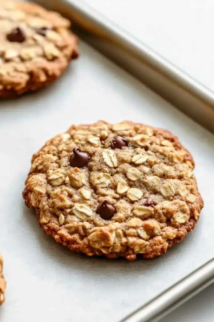 Oatmeal cookie lactation - the image shows two freshly baked oatmeal cookies on a baking tray. the cookies are golden brown and have a crumbly texture. they are topped with chopped nuts and chocolate chips. the tray is lined with parchment paper and there are two more cookies visible on the left side of the image. the background is blurred, but it appears to be a kitchen countertop.