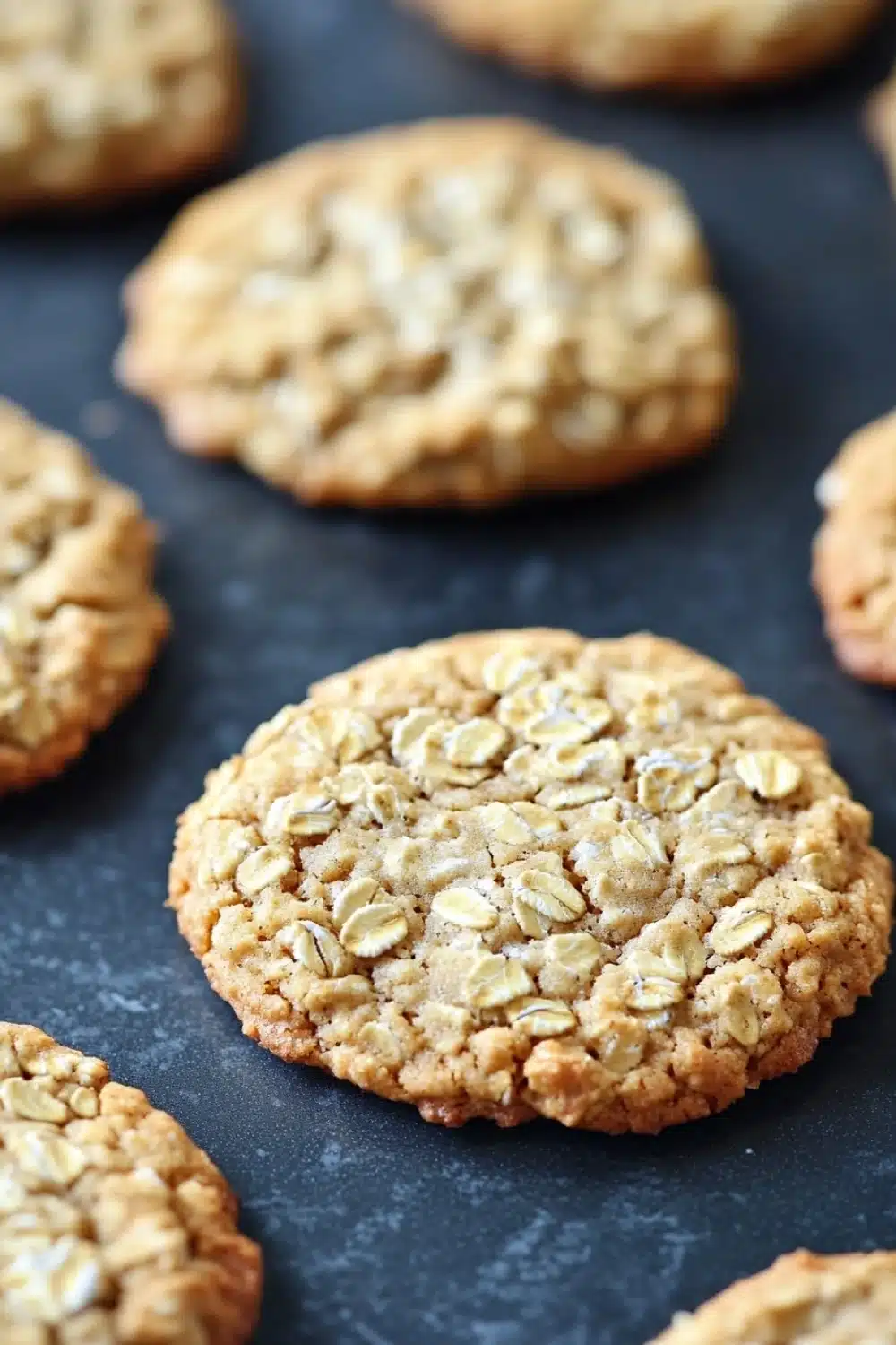 Oatmeal cookies - the image shows a group of freshly baked oatmeal cookies on a black baking tray. the cookies are round and golden brown in color, with a crumbly texture on top. they are arranged in a scattered manner, with some overlapping each other. the tray appears to be lined with parchment paper, and the background is blurred, making the cookies the focal point of the image.