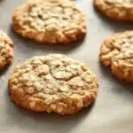 Oatmeal cookies - the image shows a baking tray lined with freshly baked oatmeal cookies. the cookies are round and golden brown in color, with a crumbly texture on top. they are arranged in a single layer on the tray, with some overlapping each other. the tray appears to be made of stainless steel and has a shiny surface. the background is dark, making the cookies stand out.