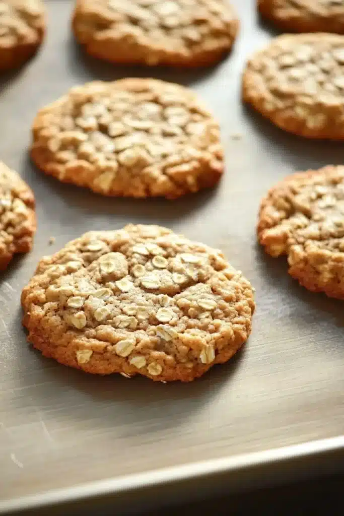 Oatmeal cookies - the image shows a baking tray lined with freshly baked oatmeal cookies. the cookies are round and golden brown in color, with a crumbly texture on top. they are arranged in a single layer on the tray, with some overlapping each other. the tray appears to be made of stainless steel and has a shiny surface. the background is dark, making the cookies stand out.