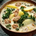 Olive garden zuppa toscana soup slow cooker - the image is a close-up of a bowl of soup. the soup appears to be a creamy white color with chunks of meat and vegetables mixed in. the bowl is made of ceramic and is sitting on a dark grey countertop. there are also a few sprigs of parsley scattered around the bowl. the overall appearance of the soup is fresh and appetizing.