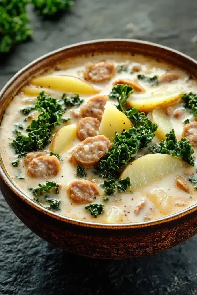 Olive garden zuppa toscana soup slow cooker - the image is a close-up of a bowl of soup. the soup appears to be a creamy white color with chunks of meat and vegetables mixed in. the bowl is made of ceramic and is sitting on a dark grey countertop. there are also a few sprigs of parsley scattered around the bowl. the overall appearance of the soup is fresh and appetizing.
