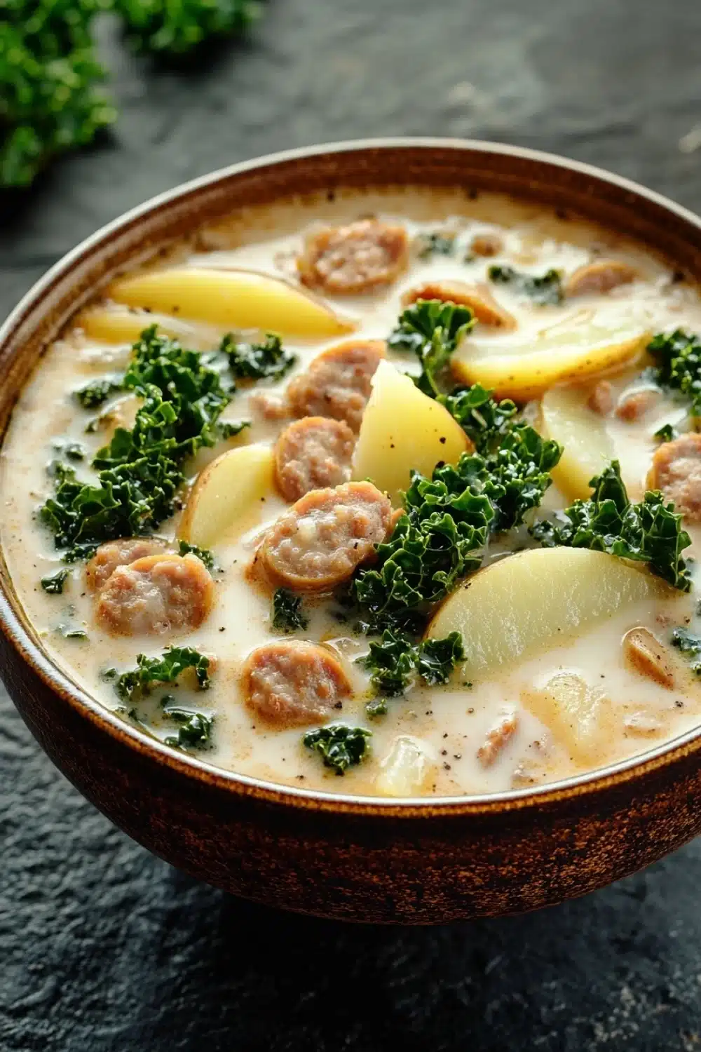Olive garden zuppa toscana soup slow cooker - the image is a close-up of a bowl of soup. the soup appears to be a creamy white color with chunks of meat and vegetables mixed in. the bowl is made of ceramic and is sitting on a dark grey countertop. there are also a few sprigs of parsley scattered around the bowl. the overall appearance of the soup is fresh and appetizing.