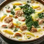 Olive garden zuppa toscana soup slow cooker - the image is a close-up of a bowl of soup. the soup appears to be creamy and has chunks of sausage and potatoes mixed in. the bowl is made of ceramic and is sitting on a dark wooden table. there is a sprig of parsley on top of the soup, adding a pop of green color to the dish. the background is blurred, making the soup the focal point of the image.