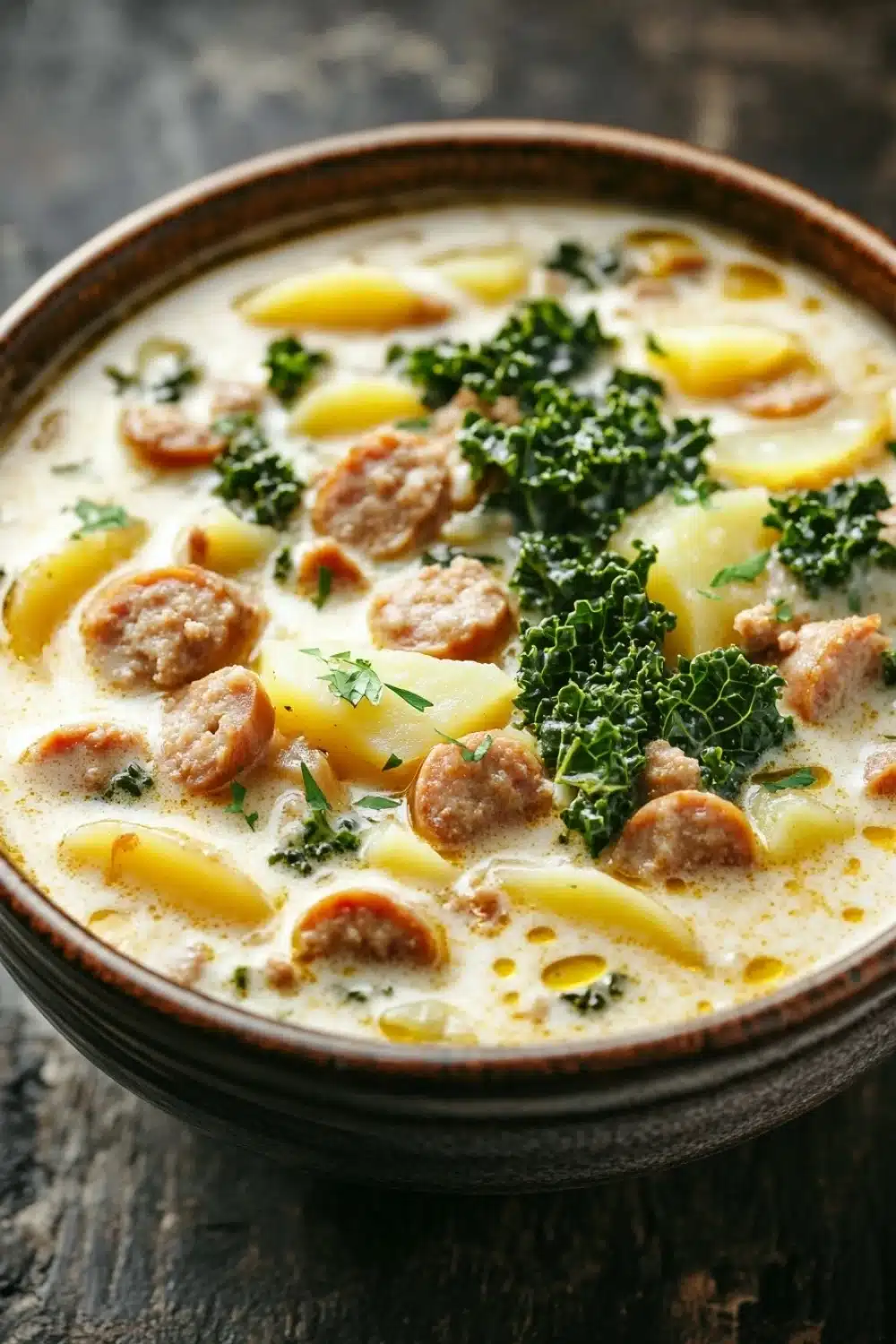 Olive garden zuppa toscana soup slow cooker - the image is a close-up of a bowl of soup. the soup appears to be creamy and has chunks of sausage and potatoes mixed in. the bowl is made of ceramic and is sitting on a dark wooden table. there is a sprig of parsley on top of the soup, adding a pop of green color to the dish. the background is blurred, making the soup the focal point of the image.