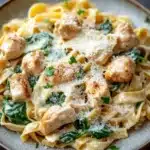 One pot chicken fettuccine - the image is a close-up of a plate of pasta dish. the pasta appears to be fettuccine alfredo, with chunks of chicken and spinach mixed in. the dish is garnished with grated parmesan cheese and fresh herbs. the plate is round and has a light brown color. the background is a dark grey countertop.