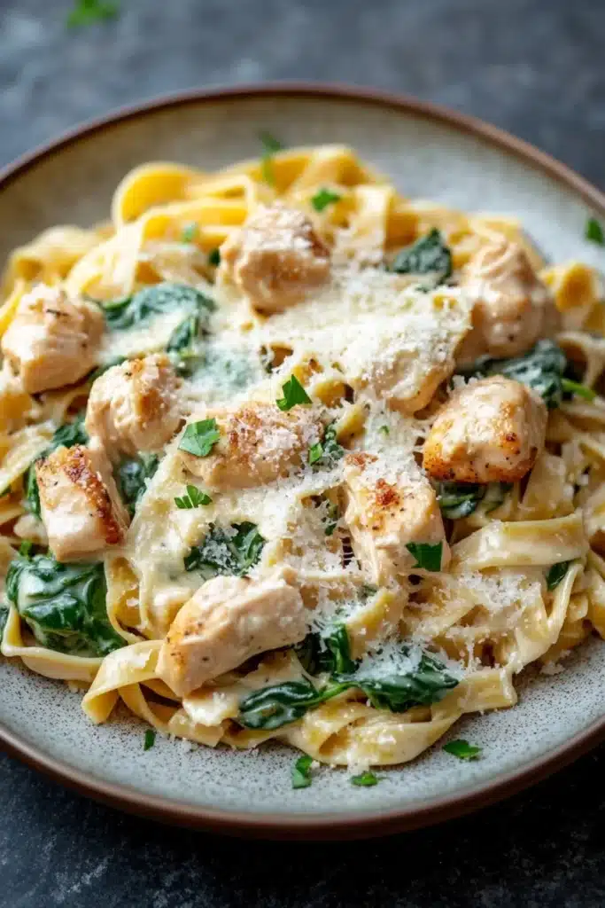 One pot chicken fettuccine - the image is a close-up of a plate of pasta dish. the pasta appears to be fettuccine alfredo, with chunks of chicken and spinach mixed in. the dish is garnished with grated parmesan cheese and fresh herbs. the plate is round and has a light brown color. the background is a dark grey countertop.
