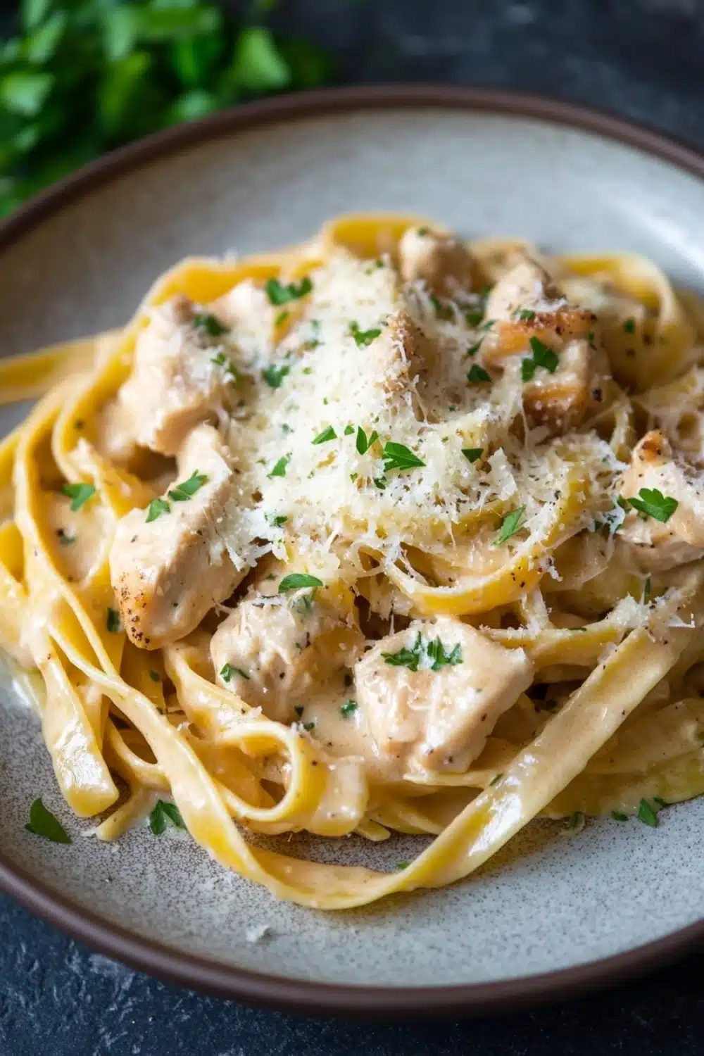 One pot chicken fettuccine - the image shows a plate of tagliatelle pasta with chicken and parmesan cheese. the pasta is cooked al dente and is topped with chunks of chicken and a creamy sauce. the dish is garnished with fresh parsley. the plate is sitting on a dark grey countertop with a few sprigs of parsley scattered around. the background is blurred, but it appears to be a kitchen countertop.