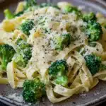 One pot creamy broccoli and parmesan noodles - the image shows a plate of pasta dish with broccoli florets. the pasta is fettuccine alfredo and is topped with grated parmesan cheese. the dish is served on a brown plate with a wooden table in the background. the broccoli is bright green and appears to be cooked until it is soft and fluffy. the cheese is sprinkled on top, adding a creamy texture to the dish.