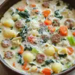 One pot creamy italian sausage soup - the image is a close-up of a bowl of soup. the soup appears to be a creamy white color with chunks of sausage and vegetables mixed in. the bowl is made of ceramic and has a brown rim. the vegetables include carrots, celery, and spinach. there is also a sprinkle of grated cheese on top of the soup, adding a pop of color to the dish. the background is a wooden table with a white napkin on the side.