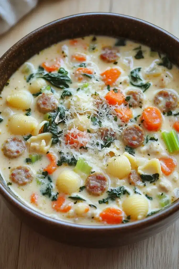 One pot creamy italian sausage soup - the image is a close-up of a bowl of soup. the soup appears to be a creamy white color with chunks of sausage and vegetables mixed in. the bowl is made of ceramic and has a brown rim. the vegetables include carrots, celery, and spinach. there is also a sprinkle of grated cheese on top of the soup, adding a pop of color to the dish. the background is a wooden table with a white napkin on the side.
