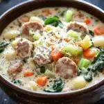One pot creamy italian sausage soup - the image is a close-up of a bowl of soup. the soup appears to be a creamy white color with chunks of sausage and vegetables mixed in. the bowl is made of brown ceramic and is sitting on a dark wooden table. there are also some green leaves scattered around the bowl. in the background, there is a piece of cheese and a few sprigs of parsley. the overall mood of the image is warm and inviting.