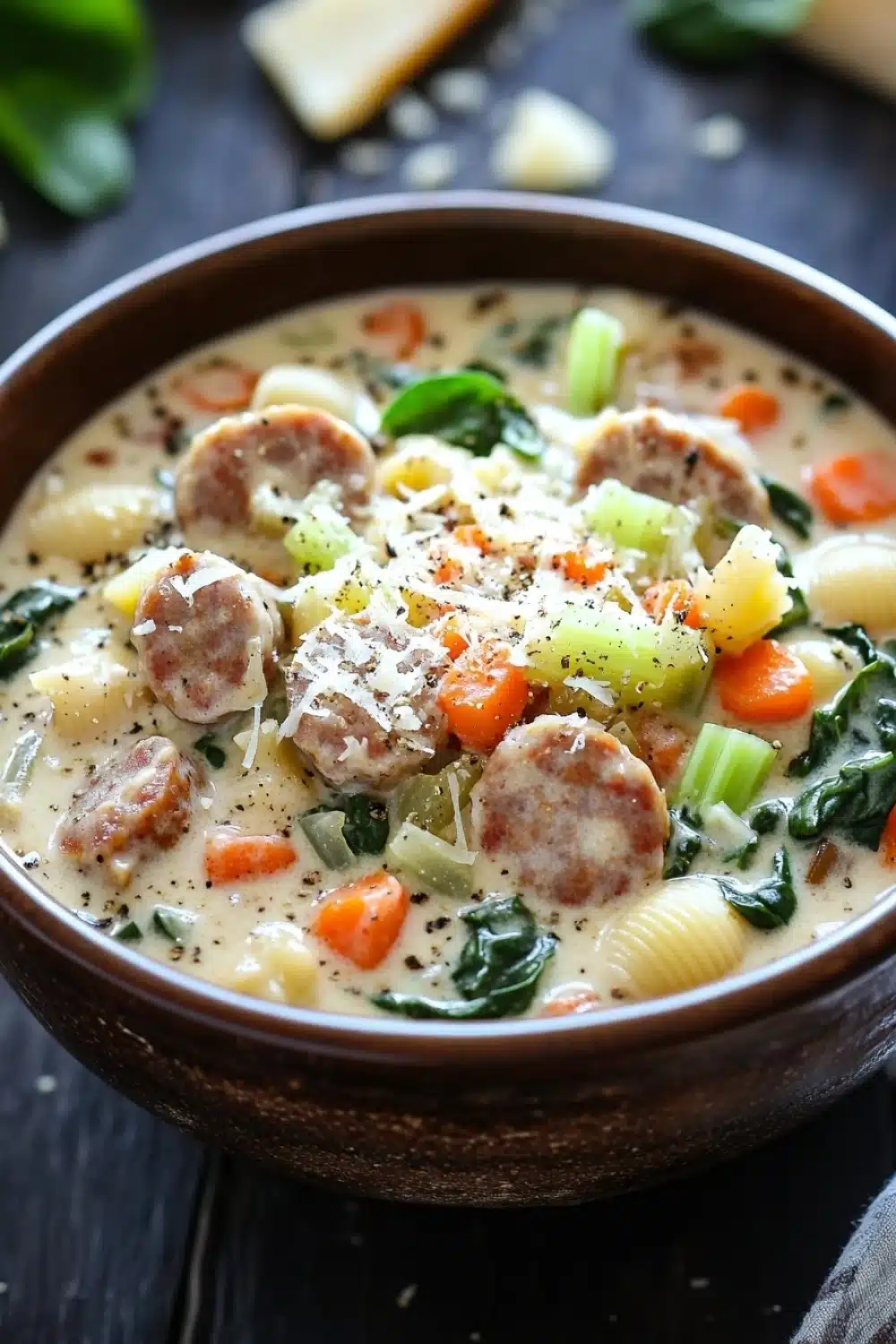 One pot creamy italian sausage soup - the image is a close-up of a bowl of soup. the soup appears to be a creamy white color with chunks of sausage and vegetables mixed in. the bowl is made of brown ceramic and is sitting on a dark wooden table. there are also some green leaves scattered around the bowl. in the background, there is a piece of cheese and a few sprigs of parsley. the overall mood of the image is warm and inviting.