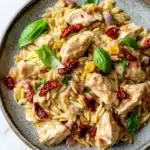 One pot creamy sun dried tomato chicken and orzo - the image is a close-up of a bowl of pasta dish. the pasta appears to be fusilli, which is a type of spiral-shaped pasta, and is topped with chunks of chicken, sun-dried tomatoes, red onions, and basil leaves. the dish is garnished with fresh basil leaves, giving it a fresh and vibrant look. the bowl is sitting on a white marble countertop, and there are a few basil leaves scattered around the bowl. the overall color palette of the dish is warm and inviting, with shades of yellow, orange, and red.