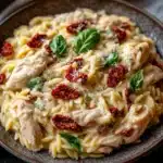 One pot creamy sun dried tomato chicken and orzo - the image is a close-up of a plate of pasta dish. the pasta appears to be fusilli, which is a type of italian pasta, and is topped with chunks of chicken, sun-dried tomatoes, basil leaves, and grated cheese. the dish is served on a dark brown plate with a gray cloth napkin in the background. the overall color scheme of the dish is warm and inviting, with the pasta being a light beige color and the red tomatoes and basil leaves adding a pop of green to the dish.