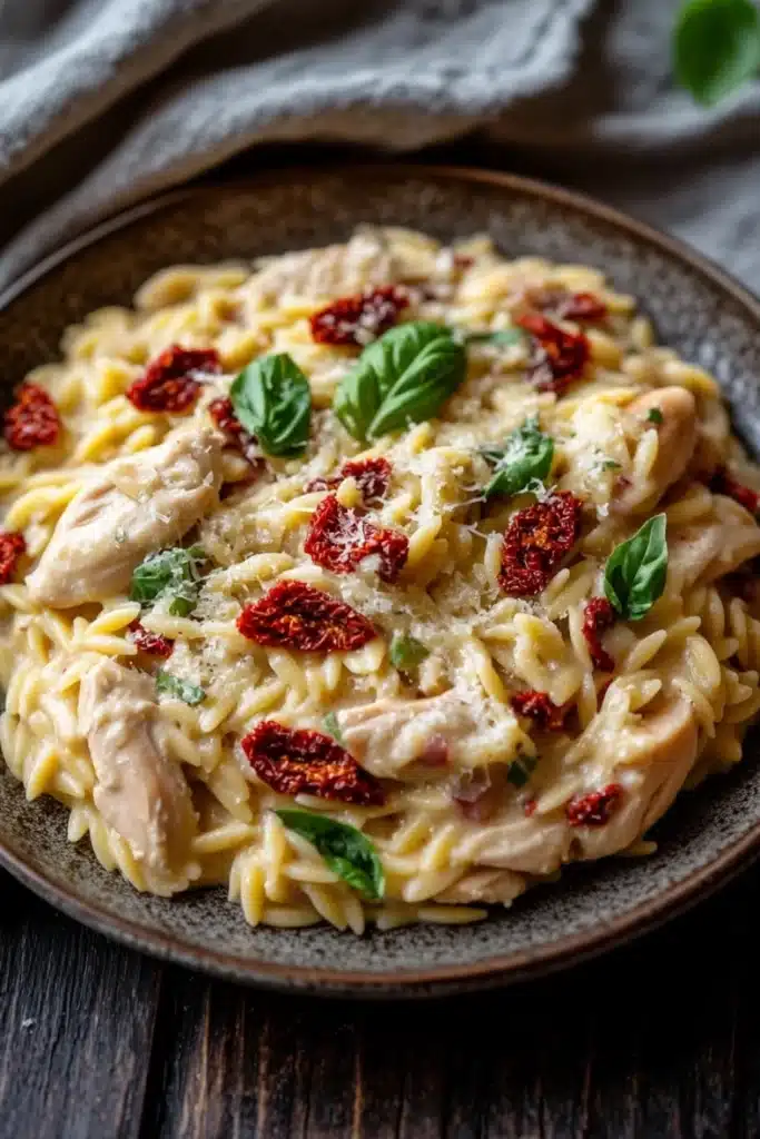 One pot creamy sun dried tomato chicken and orzo - the image is a close-up of a plate of pasta dish. the pasta appears to be fusilli, which is a type of italian pasta, and is topped with chunks of chicken, sun-dried tomatoes, basil leaves, and grated cheese. the dish is served on a dark brown plate with a gray cloth napkin in the background. the overall color scheme of the dish is warm and inviting, with the pasta being a light beige color and the red tomatoes and basil leaves adding a pop of green to the dish.