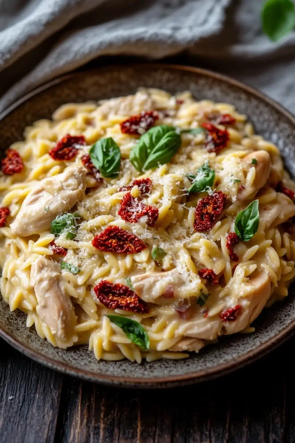 One pot creamy sun dried tomato chicken and orzo - the image is a close-up of a plate of pasta dish. the pasta appears to be fusilli, which is a type of italian pasta, and is topped with chunks of chicken, sun-dried tomatoes, basil leaves, and grated cheese. the dish is served on a dark brown plate with a gray cloth napkin in the background. the overall color scheme of the dish is warm and inviting, with the pasta being a light beige color and the red tomatoes and basil leaves adding a pop of green to the dish.